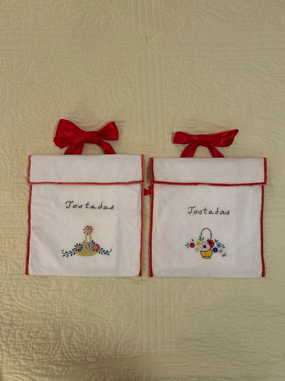 Vintage Set of 2 Handmade embroidered 
White and Red Hanging “Tostadas” Pockets